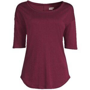 Lands' End Women's Top Burgundy Red Cotton Modal Elbow Sleeve Balletneck